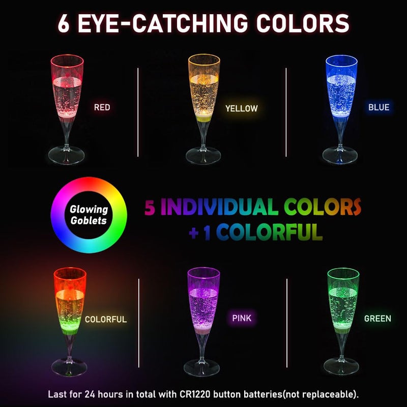 HOMEYA LED Champagne Flutes (Set of 6 Multi-Color), Water Liquid Activated Light Up Cups Flashing Wine Glasses Blinking Cocktail Whisky Drinkware Glow Dark for Christmas Halloween Party Wedding Gifts - Image 2